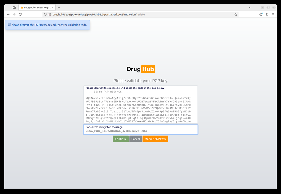 PGP verification process showing valid signature from DrugHub admin key